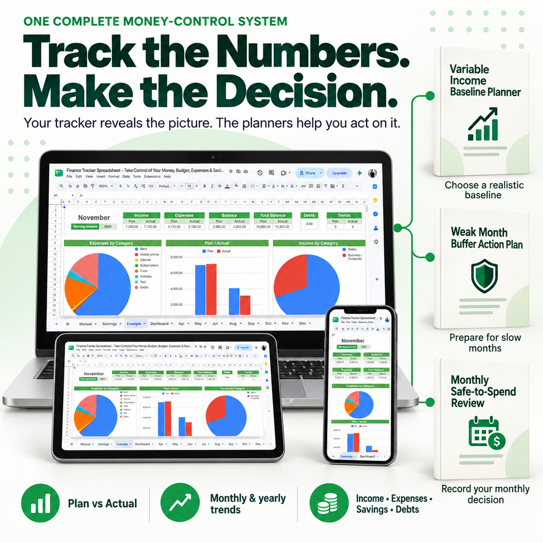 Finance tracker spreadsheet showing Plan vs Actual, monthly trends, income, expenses, savings and debts